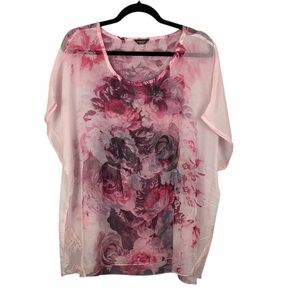 Denver Hayes 2XL Pink Floral Sheer Blouse Overlay Top Plus Size Romantic